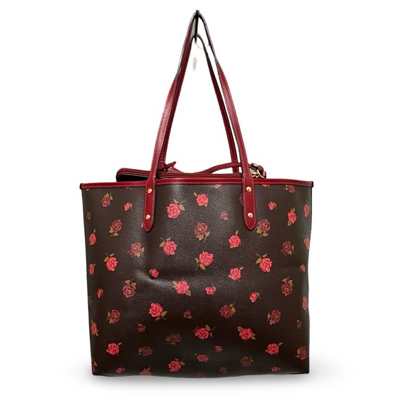Coach Reversible City Tote Bag Tossed Peonies Oxblood/Cherry Coated Canvas - Picture 9 of 14